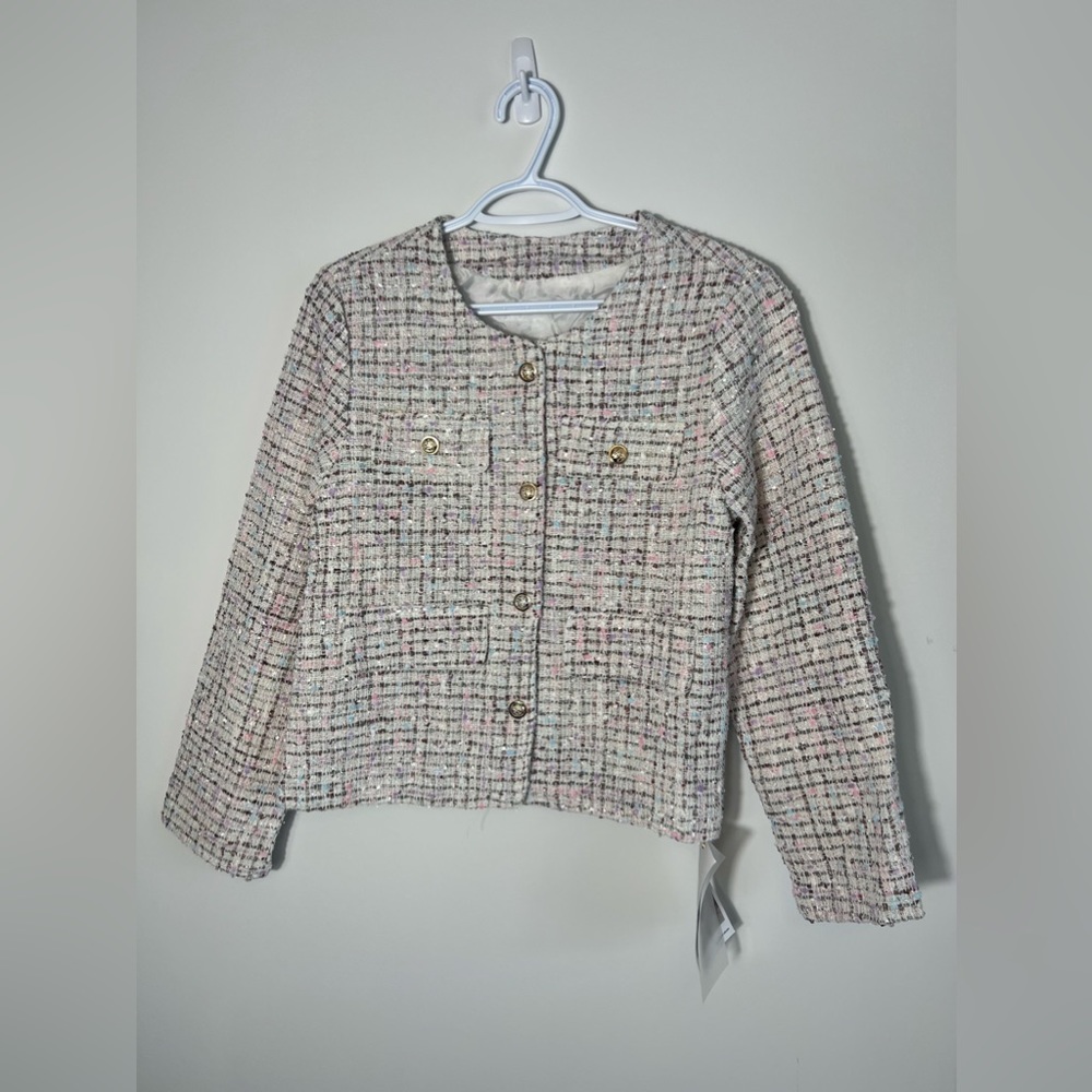 CHANEL style Pink Tweed Collarless Bouclé Jacket with Gold Buttons